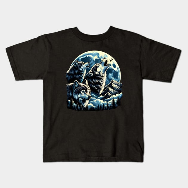 Three Wolves howling at the moon - Moonlight Kids T-Shirt by SergioCoelho_Arts